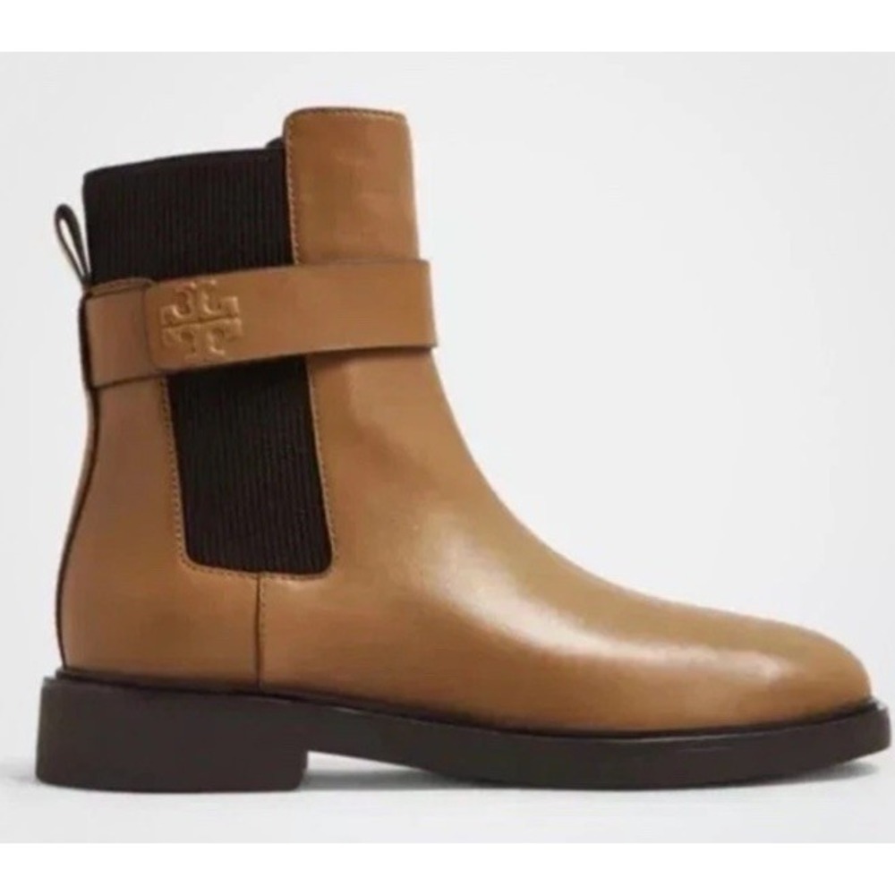 TORY BURCH Double‎ T Chelsea Flat Leather Bootie Tan Women's Size 6.5